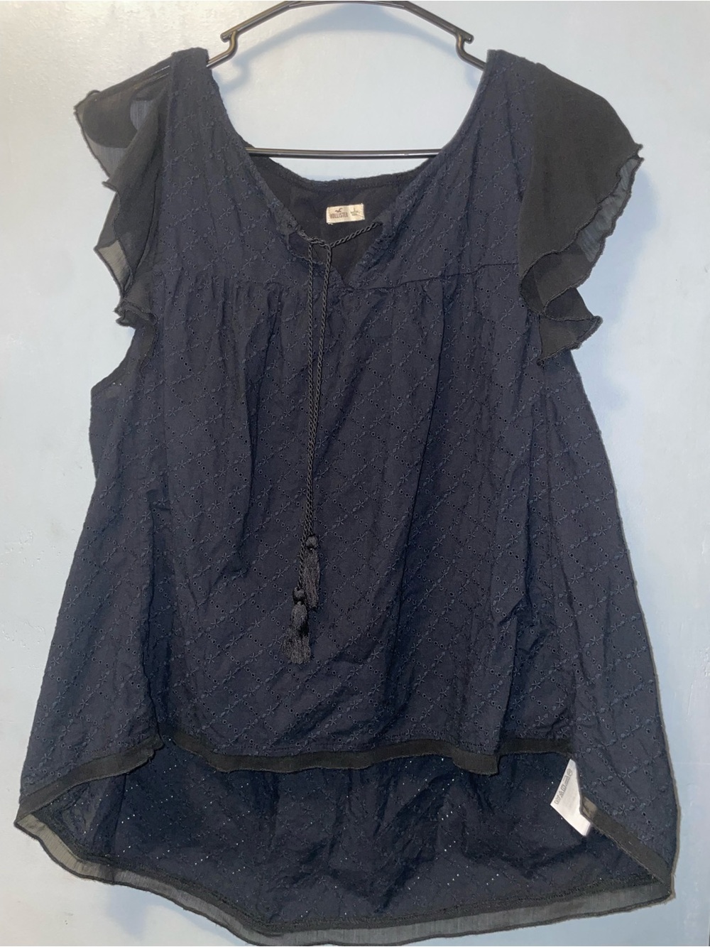 Hollister Navy Tassel Tie Flutter-Sleeve Blouse. Size L - #12